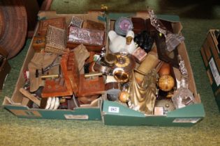 2 Boxes of assorted Collectables and bygones inc. Pair of Cannon stylised book ends, Bijoux