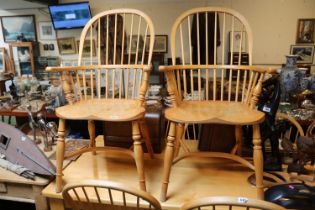 Pair of Good quality Shaker style elbow chairs with carved seat and crinoline stretcher - some