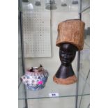 South African hard wood hand carved sculptural bust depicting a lady & and Zulu pottery two