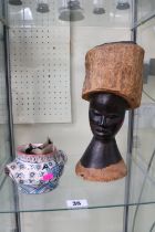 South African hard wood hand carved sculptural bust depicting a lady & and Zulu pottery two