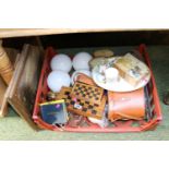 Tray of assorted Bygones and collectables inc. Autograph book, Ceramics, Chess set etc