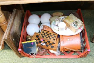 Tray of assorted Bygones and collectables inc. Autograph book, Ceramics, Chess set etc