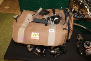 Fly Fishing Sierra Outdoor Boat bag and 3 fixed spool fishing reels to include Okuma, Daiwa 2500 and