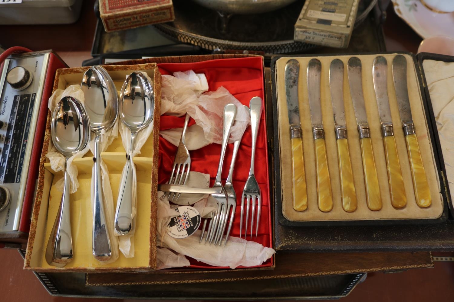 Collection of 19thC and later Silver plated tableware inc. Boxed Flatware, Galleried trays, - Image 3 of 3