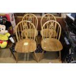Set of 4 Ercol 1960s Light Elm Windsor dining chairs with embossed marks to base