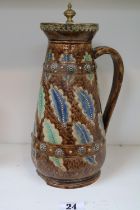 Hugo Lonitz & Co Majolica Leaf decorated ewer with Walker & Hall lidded top 30cm in Height (some