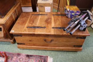 20thC Hardwood Asian design coffee table with metal corners and drop handles