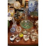 Collection of assorted Art Glassware and a Cast table lamp with Nude figure, Paperweights etc