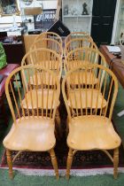 Good quality Set of 8 Shaker style chairs with carved seat and crinoline stretcher