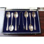 Cased set of Silver & Plated teaspoons and sugar tongs 87g total weight