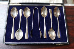 Cased set of Silver & Plated teaspoons and sugar tongs 87g total weight