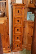 20thC Pine Narrow chest of 5 drawers with metal drop handles