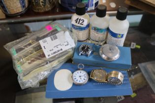 Buren Wristwatch, 2 Silver pocket watches, Timex watch with assorted watch straps and cleaning