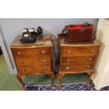 Pair of Walnut bedside chests of 3 drawers with drop handles and cabriole legs