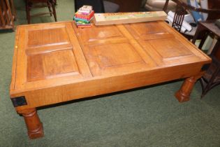 Good Quality Oak Panelled coffee table with metal bound corners and turned legs Retailed by Harvey