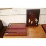 Mahogany framed jewellery case and a Japanese plaque depicting man with monkey and child.