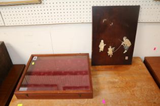 Mahogany framed jewellery case and a Japanese plaque depicting man with monkey and child.