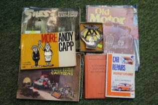 Boxed Vintage AA Car badge and assorted Automobilia magazines, Giles and Andy Capp