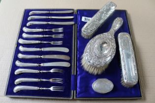 Cased Set of Silver Handled Knife and fork set, Collection of Edwardian Silver backed dressing table