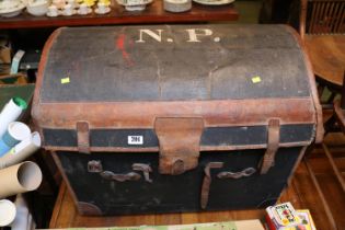 Large Late 19thC Wicker leather bound domed travelling trunk with brass fittings