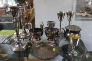 20thC Small Silver Salver and Silver goblet 238g total weight , Pair of Silver Candlesticks Mappin &