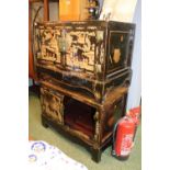 Pair of Chinese Lacquered 2 door cabinets with drawers to base on bracket feet, decorated with