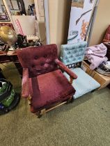 Upholstered Oak Elbow chair with straight stretchers and a Ebonised Saloon chair