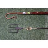 Good quality 19thC folding toasting fork and a Copper topped Crozier with turned handles