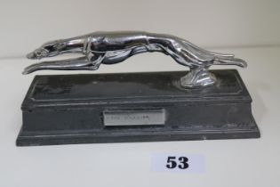 Chrome greyhound figure mounted on spelter base with plaque 'The Warrior' 18cm in Length