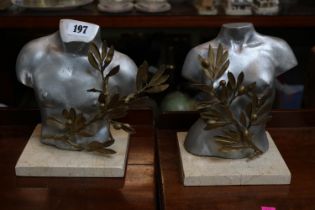 Louisa Dimitriou Woman and man bust with applied gilt olive branch over marble base 25cm in Height