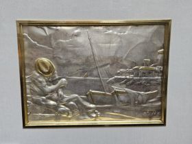 Framed and mounted Silver plaque depicting a Mediterranean fisherman mending nets against