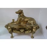 Late 19thC Heavy brass inkwell with surmounted Hound cover with Ram and Dog decorative paw handles