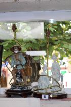 2 Japanese Ceramic table lamps of Geishas and a Man with fishing baskets