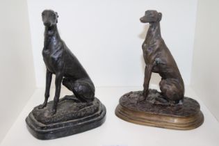 Bronze figure of a Greyhound marked Carrie mounted on marble base and a similar Greyhound figure