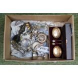 Box of small collectables inc. Cased salts, Bronze figure of a girl, Napkin rings etc