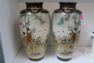 Pair of Large Meiji Period (1868-1912) Satsuma vases with deep blue ground and gilt decoration, with