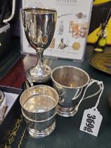 Silver Trophy on stand for Notts County Police and 2 Silver Christening cups 184g total weight