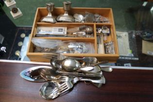 Tray of assorted Silver plated Flatware, Pair of White metal squat candlesticks, Propelling