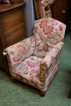 Victorian Upholstered Childs Elbow chair on wooden bun feet and casters