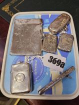 Edwardian Silver Travelling card case, 3 Silver match Vestas and a Engraved Silver Pencil holder