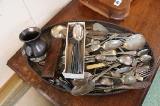 Silver plated Galleried oval tray with assorted Silver plated flatware and a Brickhurst Tankard
