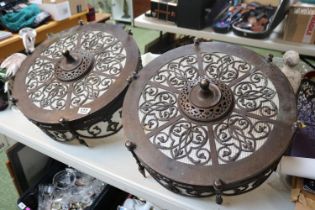 Pair of Bronze Pierced Fleur De Lye design Hanging light fittings 47cm in Diameter