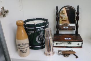 Collection of ephemera to include leather pouch on chain, miniature antique dressing table mirror,