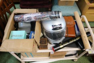 Collection of Bygones to include Puzzle box, Olympus Superzoom 105R, Shark Motorcyle helmet etc