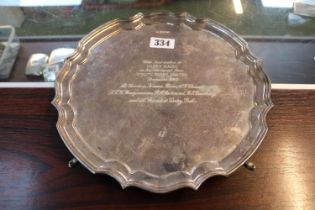 Silver Salver on stepped feet with dedication from Vitality Bulbs Limited Sheffield 1969. 770g total