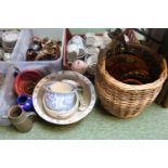 Collection of assorted Pottery, Cane basket, Bellows, Companion set