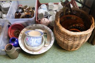 Collection of assorted Pottery, Cane basket, Bellows, Companion set