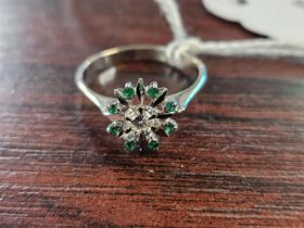Ladies White Gold Emerald & Diamond Cluster ring Size M. 2.1g total weight