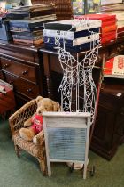 Antique Wash board, Wicker Childs Elbow chair, Wire Painted Haberdashery bust, Childs Horse and a