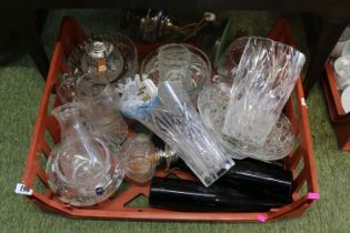 Tray of assorted Glassware to include Stuart Fruit Bowl, Oil Lamps, Antique Wine bottles etc